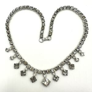 Reinad 1950s vintage silver tone clear glass rhinestones graduated necklace